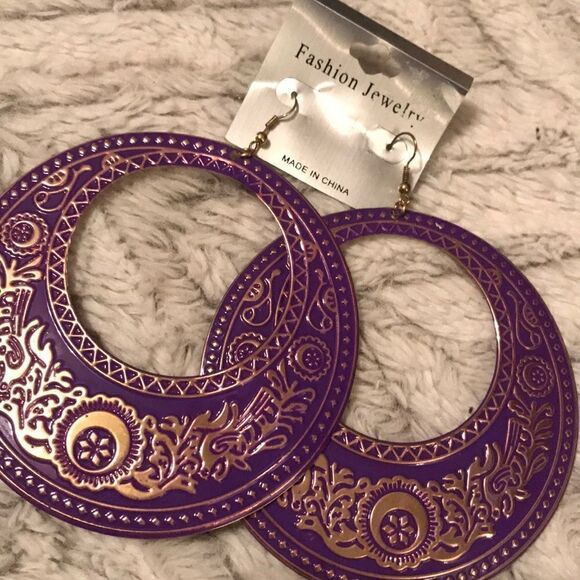 Oversized Purple and Gold Circle Earrings - Picture 1 of 6